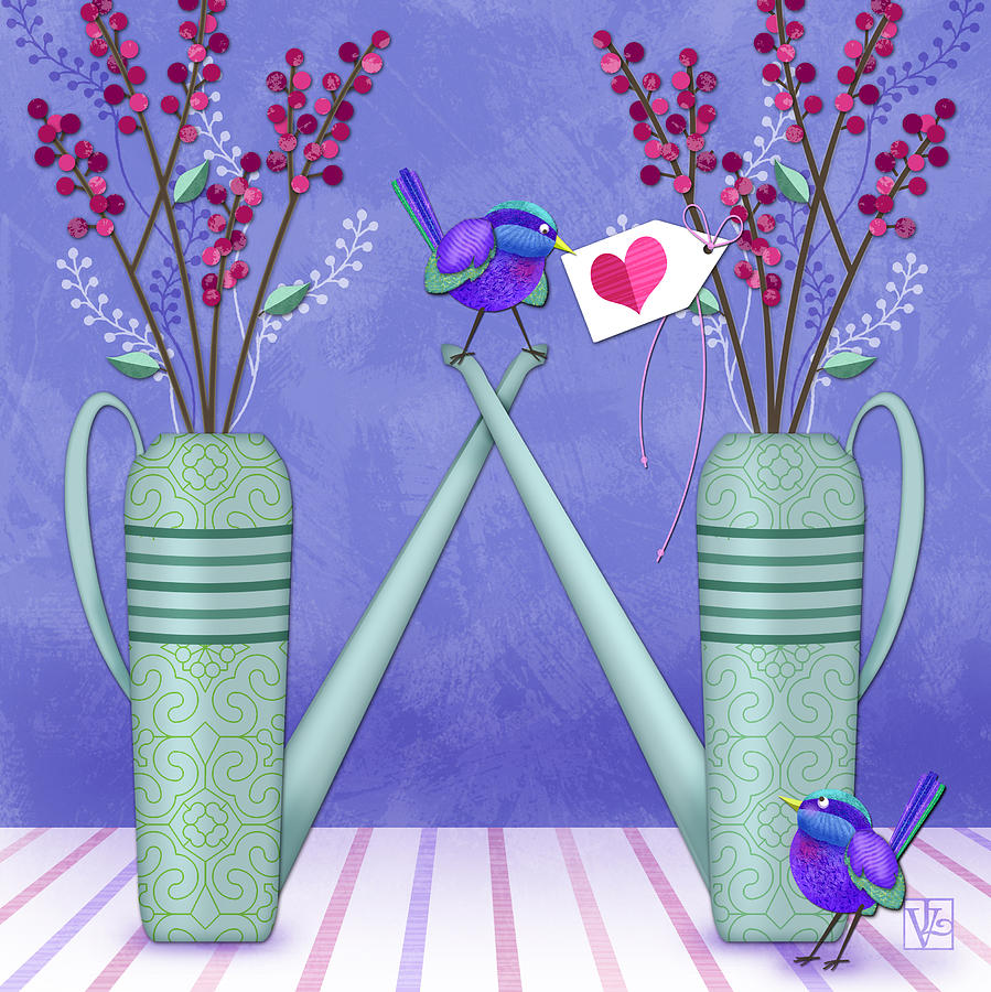 W is for Watering Cans and Wonderful Wrens Digital Art by Valerie Drake Lesiak