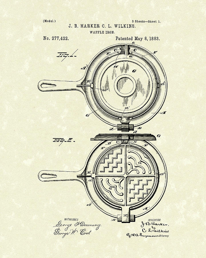 Waffle Iron 1883 Patent Art Drawing by Prior Art Design