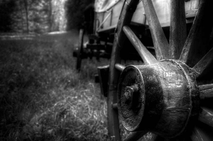 Transportation Photograph - Wagon Wheels in Black and White by Greg and Chrystal Mimbs
