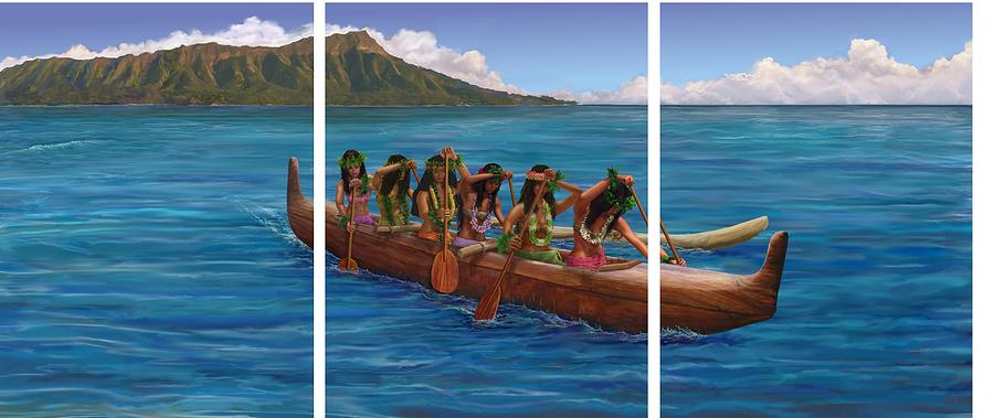 Wahine Hawaiian Canoe Paddlers Painting by Stephen Jorgensen