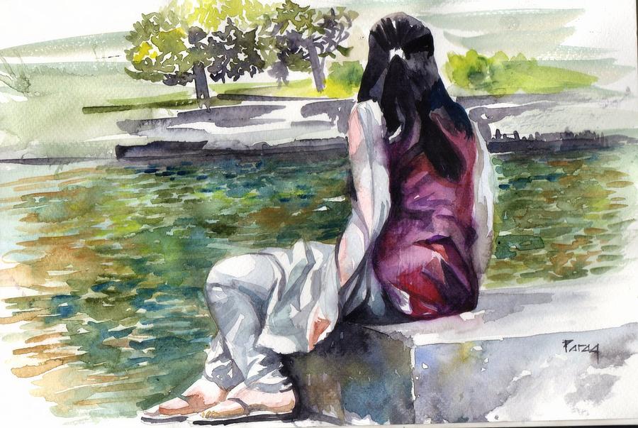Waiting by the pool Drawing by Parag Pendharkar