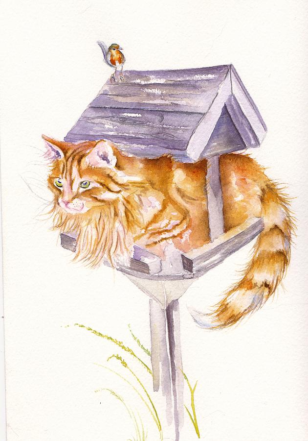 Waiting for Lunch - long haired Tabby Cat Painting by Debra Hall