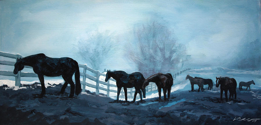 Horse Painting - Waiting in the Fog by Linda Clearwater