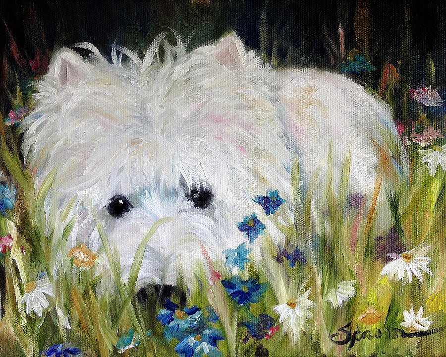 Dog Painting - Waiting in The Wildflowers by Mary Sparrow