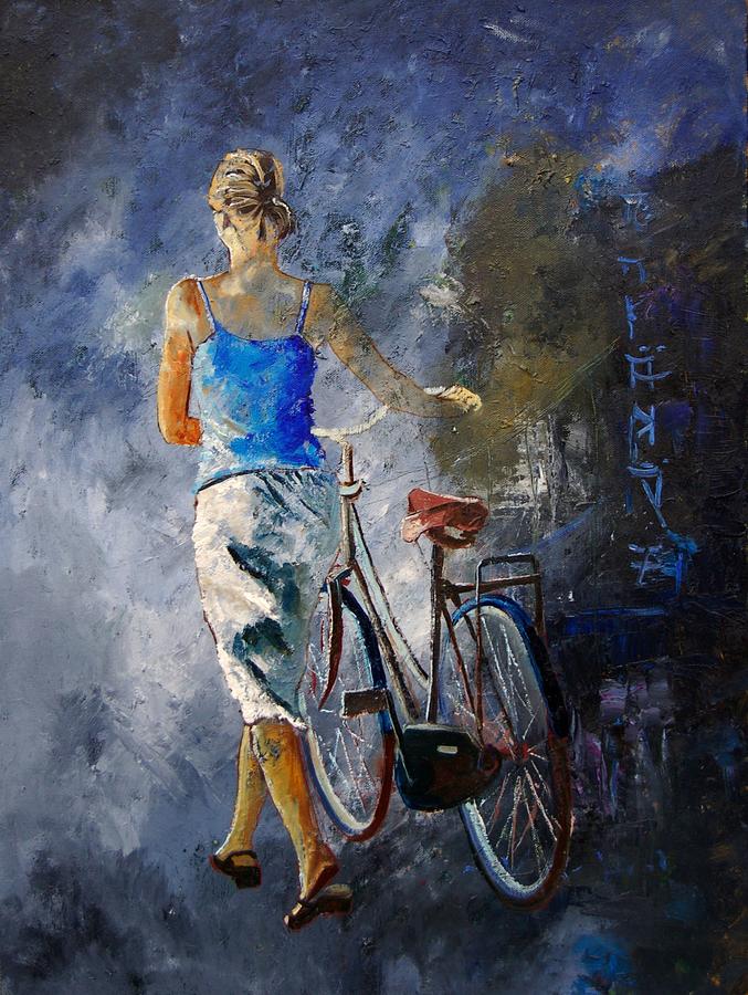 Girl Painting - Waking aside her bike 68 by Pol Ledent