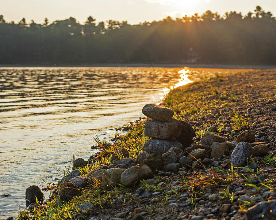 Walden Pond Rock Cairn at Sunrise Concord MA Photograph by Toby McGuire