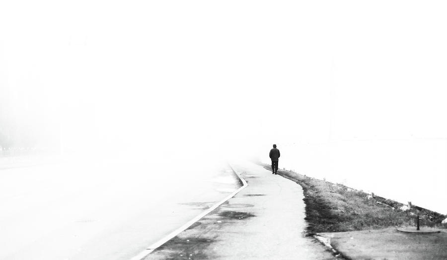 Black And White Photograph - Walker and the Fog by John Williams