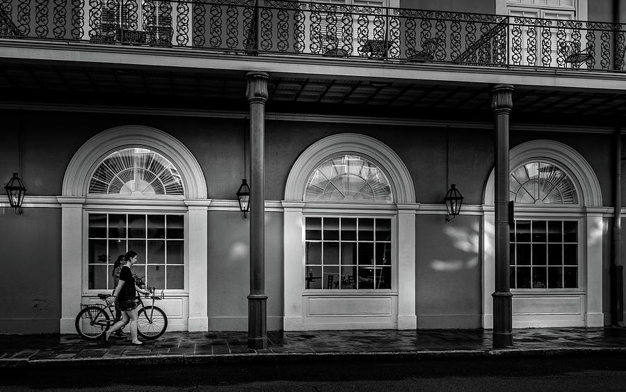 Walking A Bike In The French Quarter BW Photograph by Greg and Chrystal Mimbs