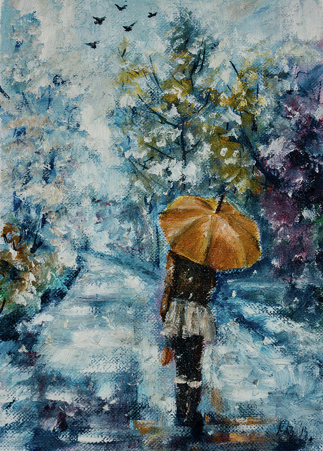 Walking alone wintertime Painting by Kovacs Anna Brigitta