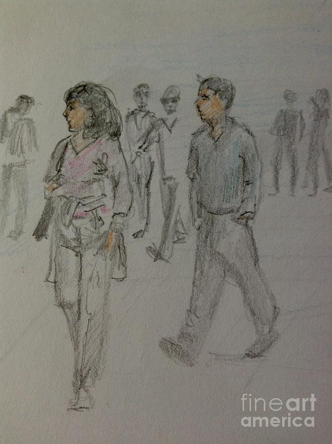 Walking Along The Strand Drawing by Joan-Violet Stretch