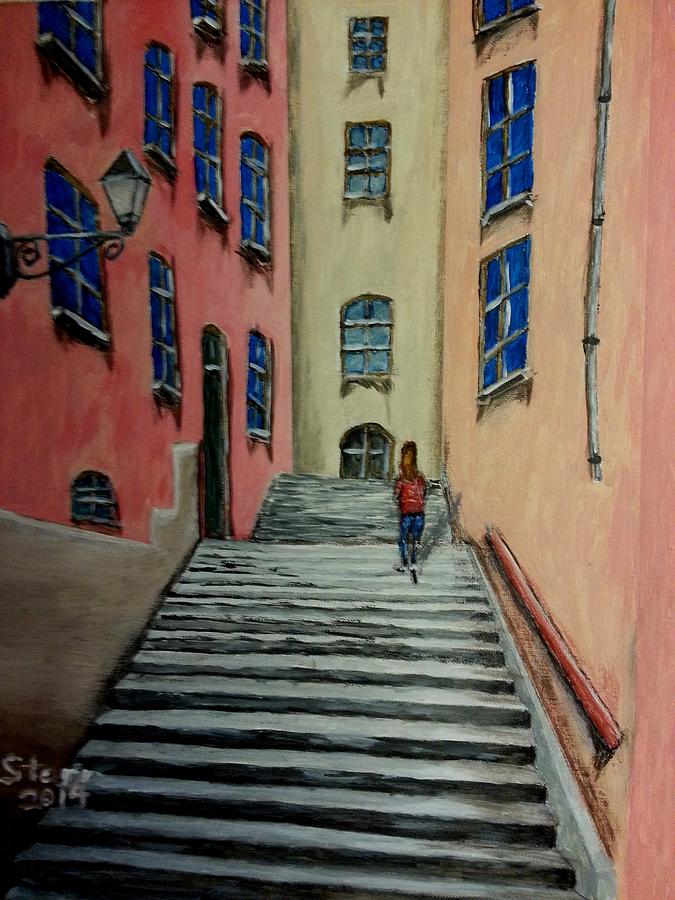 Steps Painting - Walking Down a Lonely Alley In Lyon France by Irving Starr