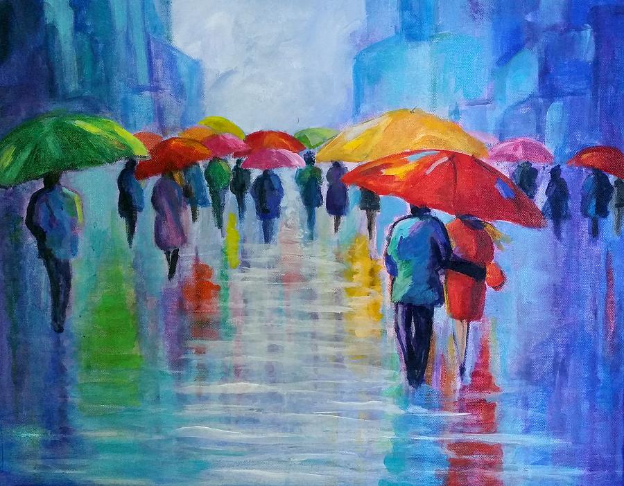 Walking in the Rain 3 Painting by Rosie Sherman
