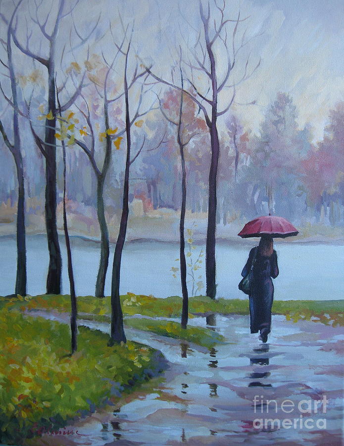 Walking in the rain Painting by Elena Oleniuc