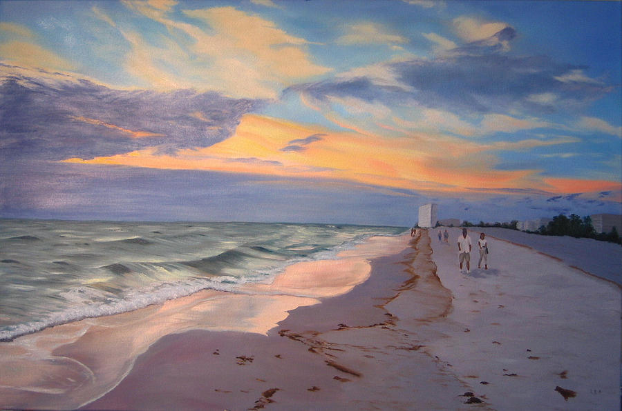 Walking on the Beach at Sunset Painting by Lea Novak