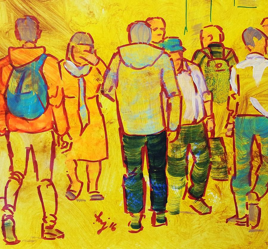 Walking Through the Crowd - People shopping in town Painting by Mike Jory