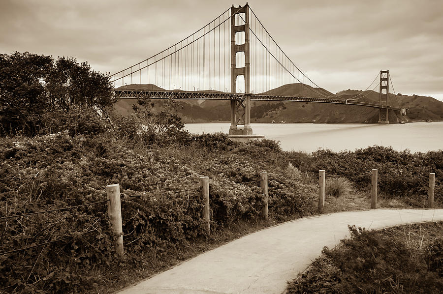 San Francisco Photograph - Walking to the Golden Gate Bridge - California - Sepia Edition by Gregory Ballos