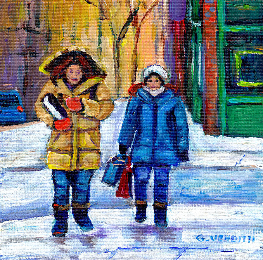 Walking To University Classes Downtown Montreal Winter Street Scene Painting by Grace Venditti