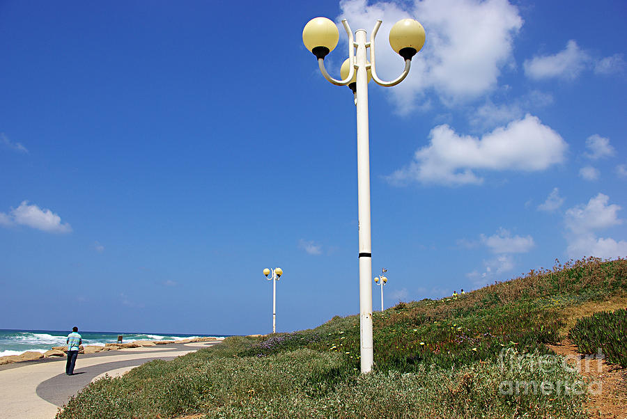 Lamp Photograph - walkway along the Tel Aviv beach by Zalman Latzkovich