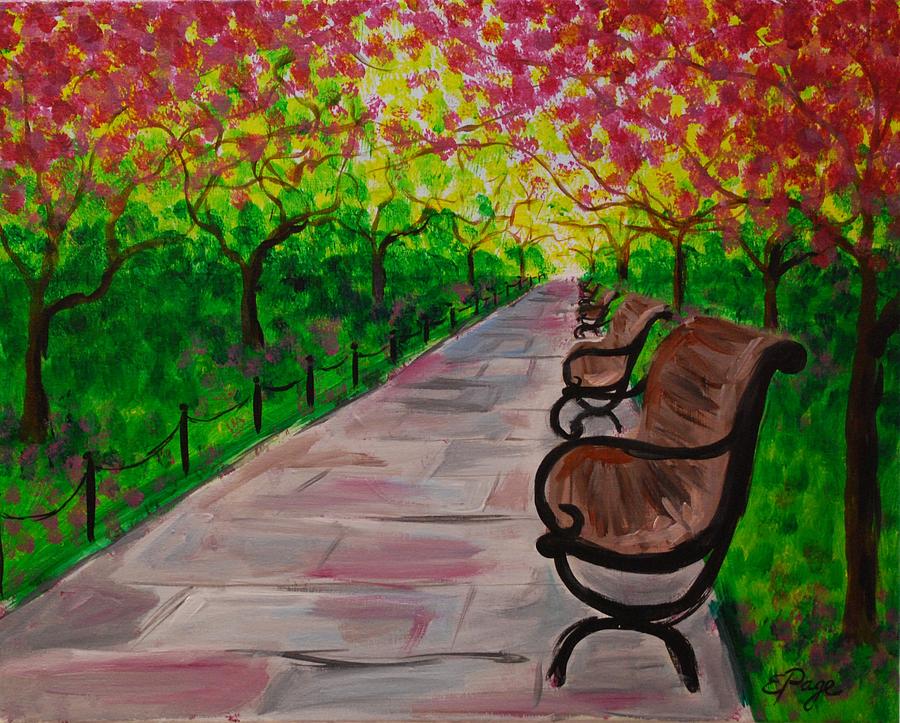 Walkway With Benches Painting by Emily Page