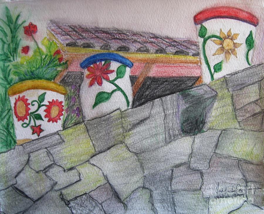 Wall with Decorated Pots - GIFTED Painting by Judith Espinoza