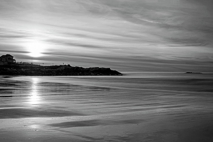 Wallis Sands Beach at Sunrine Rye NH Black and White Photograph by Toby McGuire