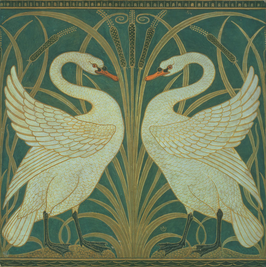 Swan Painting - Wallpaper Design for panel of Swan Rush and Iris by Walter Crane