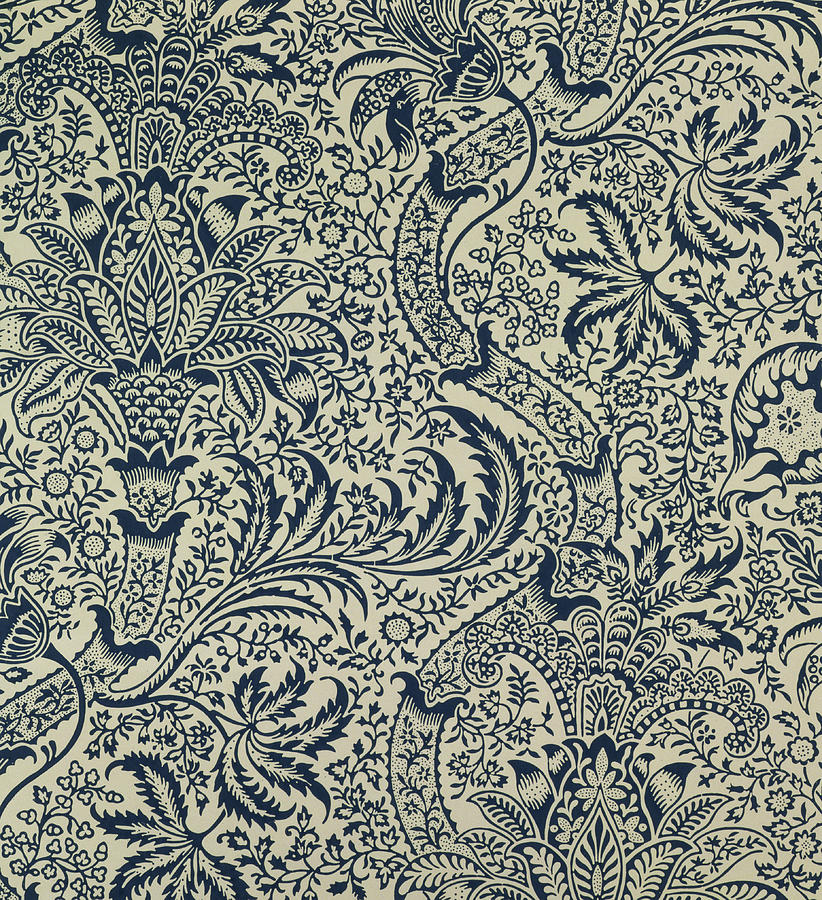 Wallpaper with navy blue seaweed style design Drawing by William Morris