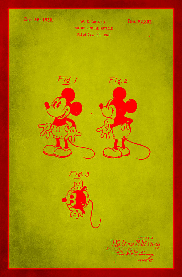 Walt Disney Mickey Mouse Toy Patent 2h Mixed Media by Brian Reaves