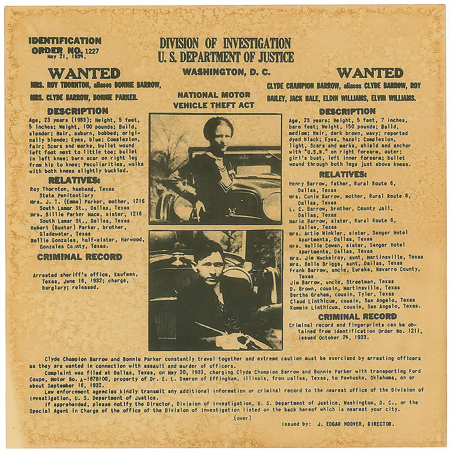 Vintage Photograph - Wanted Poster - Bonnie and Clyde 1934 by Mountain Dreams