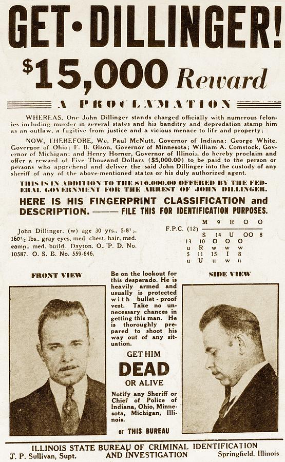 Portrait Photograph - Wanted Poster For John Dillinger by Everett