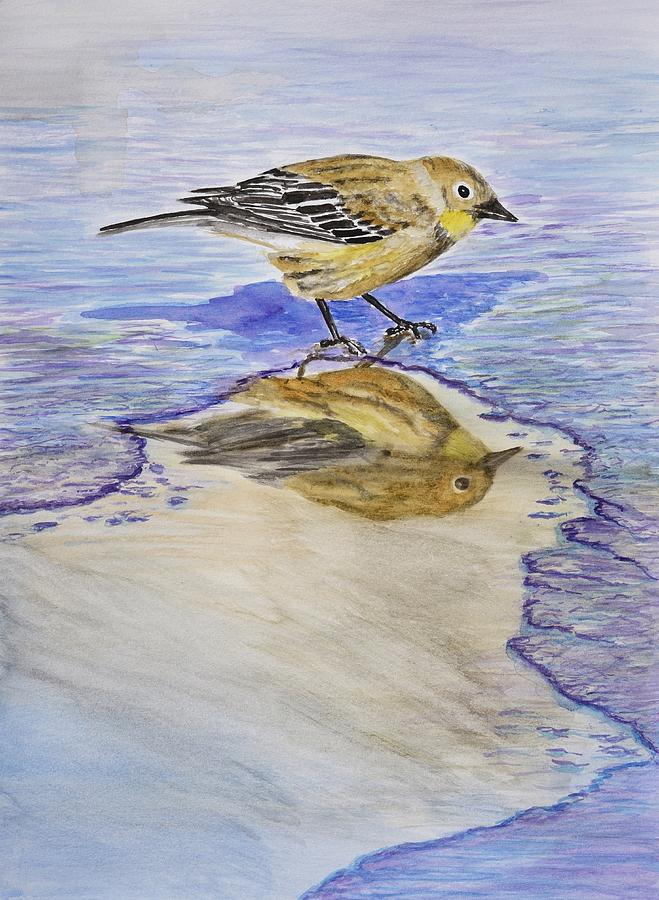 Yellow Warbler Painting - Warbler Reflection I Watercolor by Linda Brody