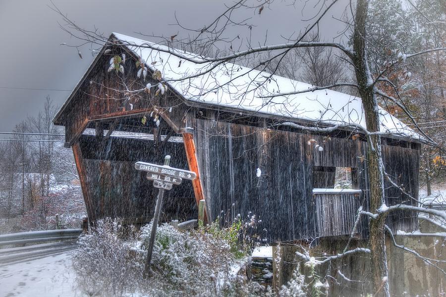 Country Scenes Photograph - Warren Covered Bridge in Snow - Warren Vermont by Joann Vitali