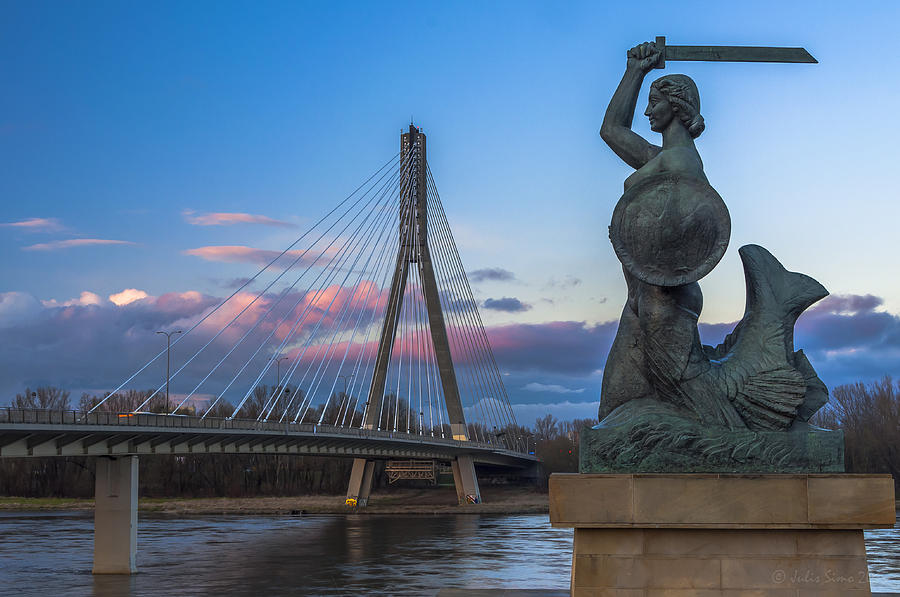 Warsaw Mermaid And Swiatokrzyski Bridge On Vistula Digital Art