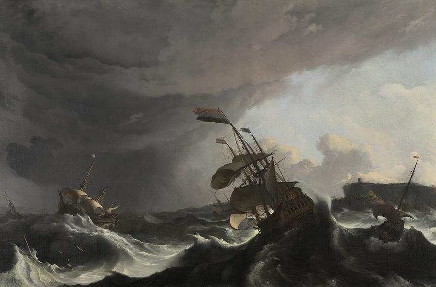 Warships in a Heavy Storm, 1695 Painting by Vincent Monozlay