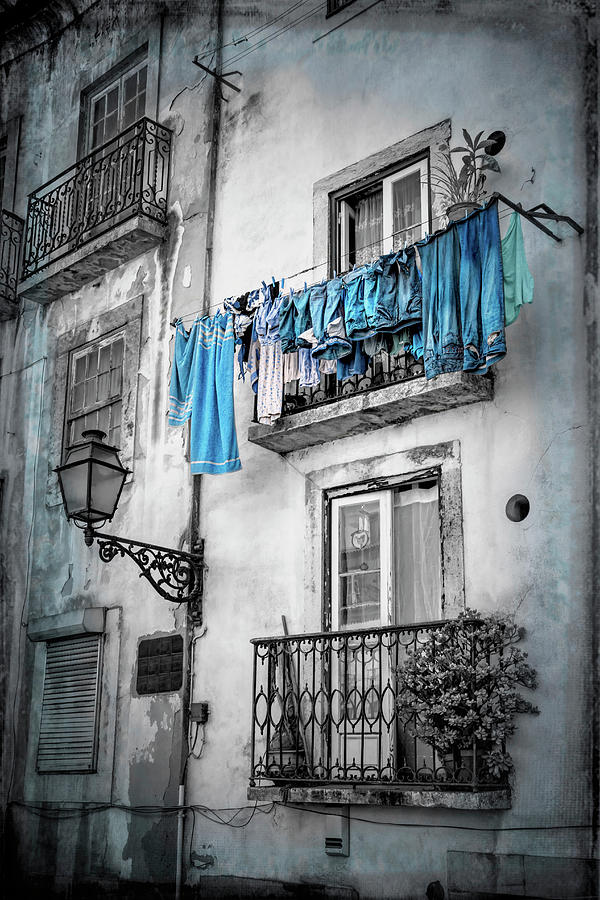 Washday Blues in Lisbon Portugal Black and White Photograph by Carol Japp