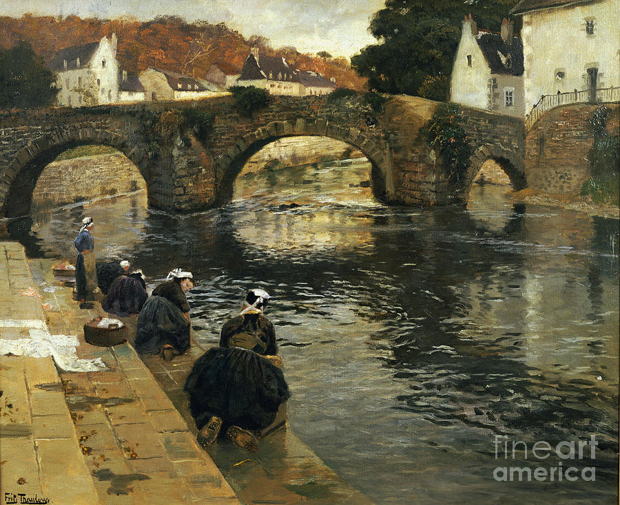 Fall Painting - Washerwomen in the Morning at Quimperle  by Fritz Thaulow