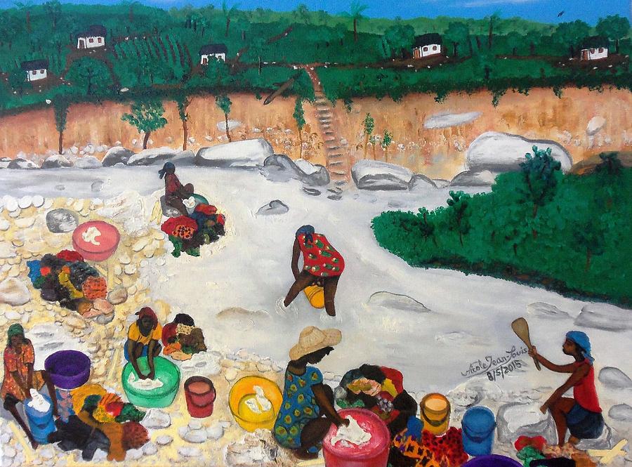Women Painting - Washing Clothes by the Riverside in Haiti by Nicole Jean-Louis