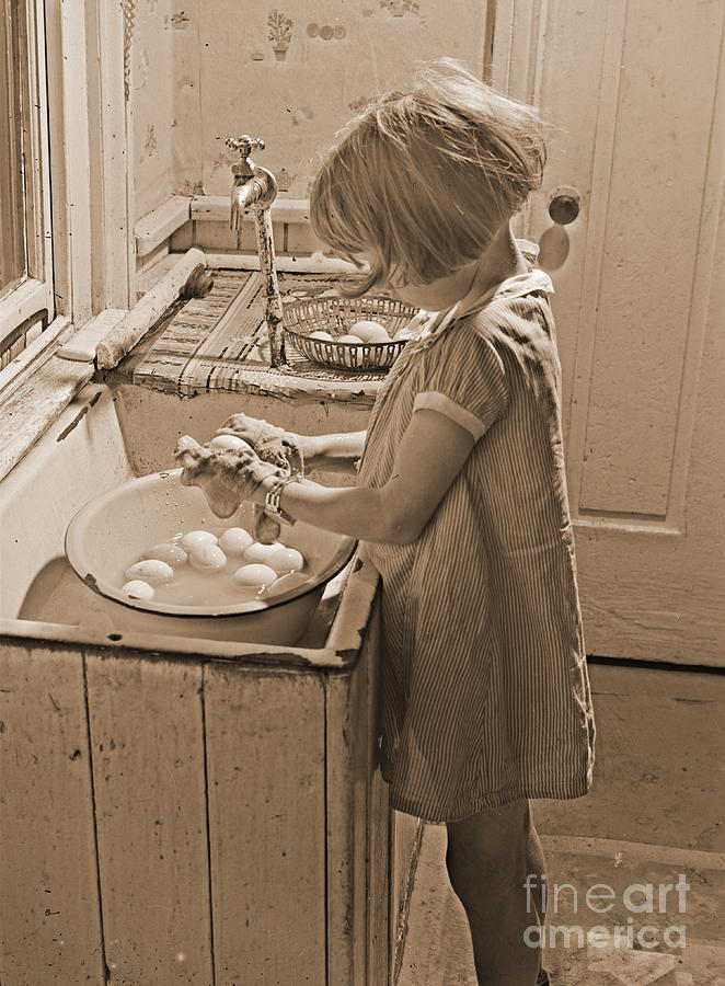 Young Girl Photograph - Washing Eggs Sepia by Padre Art