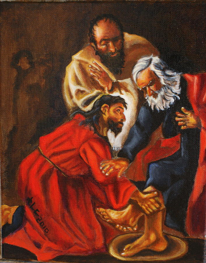 Washing of Peters feet Painting by Theresa Cangelosi