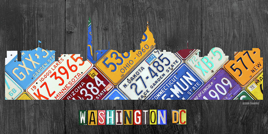 Vintage Mixed Media - Washington DC Skyline Recycled Vintage License Plate Art by Design Turnpike