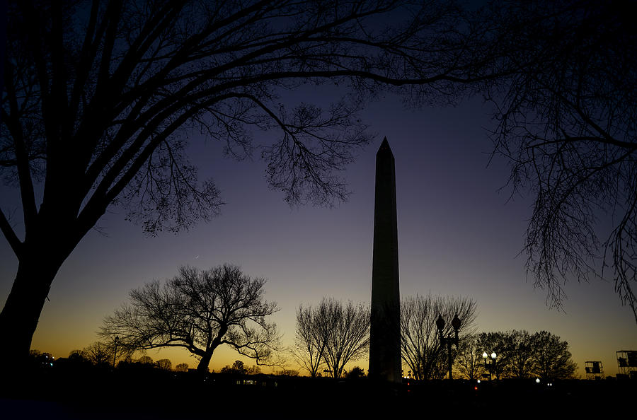 Washington Monument at Twilight with Moon Photograph by Art Whitton