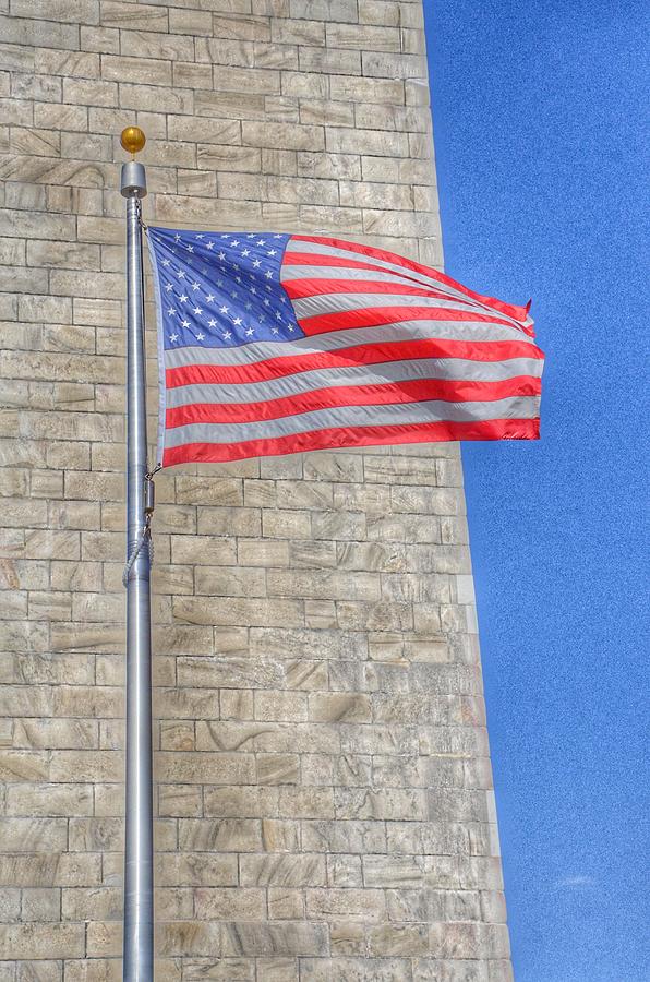 George Washington Photograph - Washington Monument with the American Flag by Marianna Mills