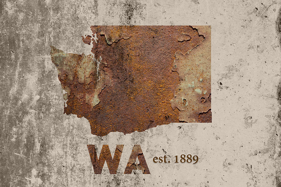 Spokane Mixed Media - Washington State Map Industrial Rusted Metal on Cement Wall with Founding Date Series 042 by Design Turnpike