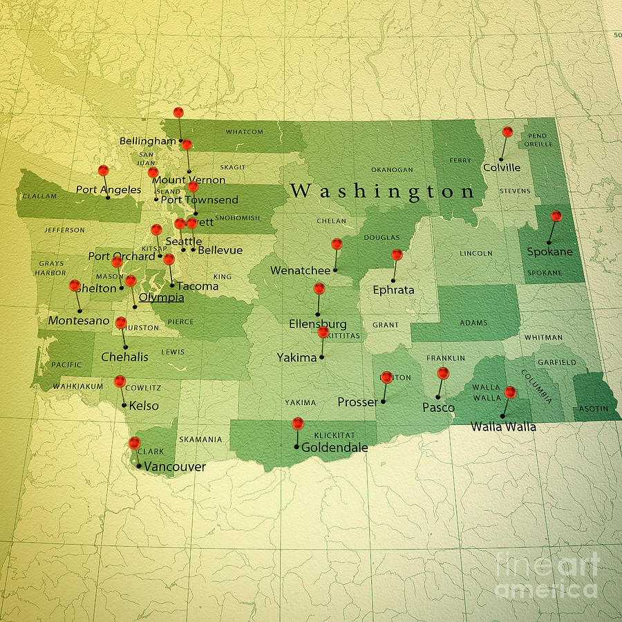 Washington State Map Square Cities Straight Pin Vintage Digital Art by Frank Ramspott