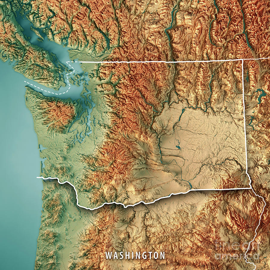 Washington State USA 3D Render Topographic Map Border Digital Art by Frank Ramspott