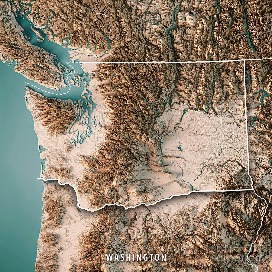 Washington State Usa 3d Render Topographic Map Neutral Border Digital Art By Frank Ramspott 6909