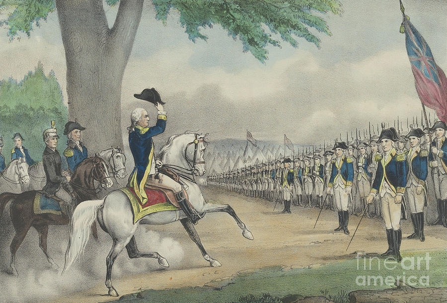 Washington taking command of the American Army at Cambridge, Massachusetts on 3 July 1775 Painting by Currier and Ives