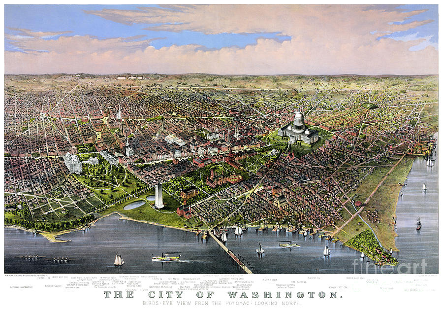Vintage Mixed Media - Washington Vintage Aerial View Restored 1880 by Vintage Treasure