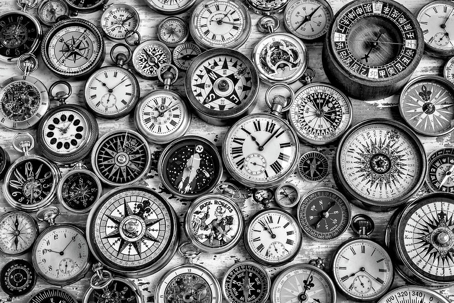 Still Life Photograph - Watches And Compasses In Black And White by Garry Gay