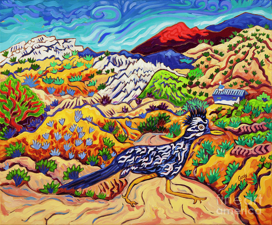Watchin the Sly roadrunner Flee Painting by Cathy Carey